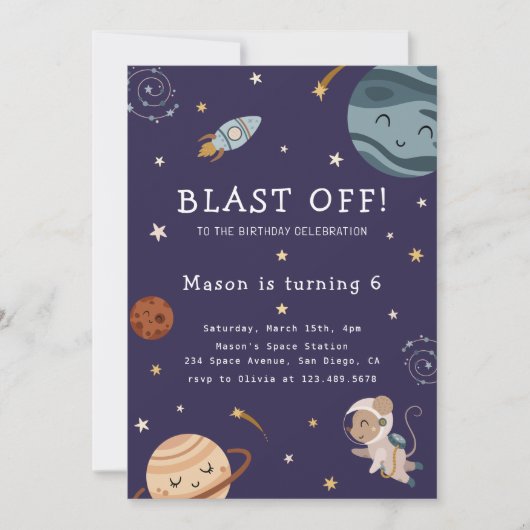 Space Adventure Playful Kids Birthday Party 招待状 (正面)