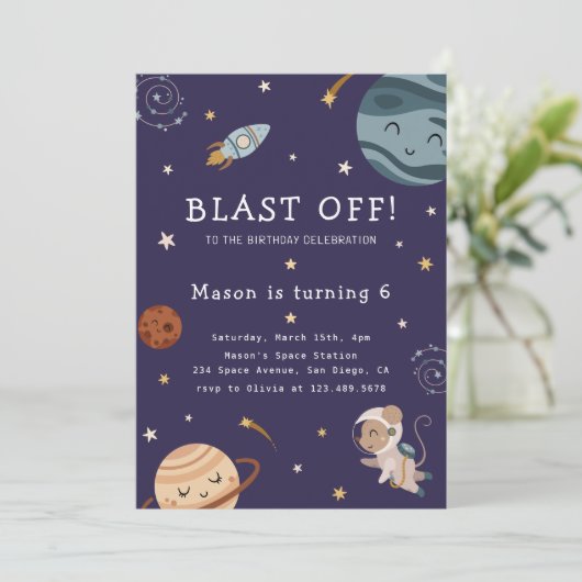 Space Adventure Playful Kids Birthday Party 招待状 (スタンド正面)
