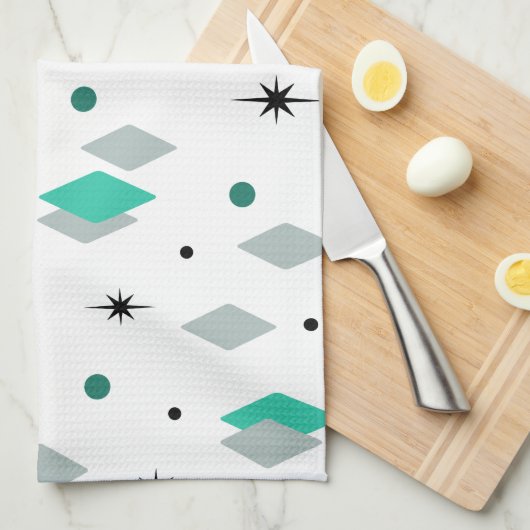 Space Age Diamonds Turquoise White キッチンタオル (四つ折り)