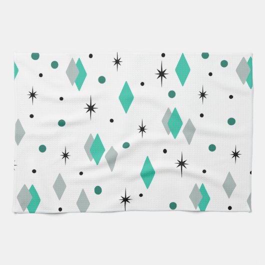 Space Age Diamonds Turquoise White キッチンタオル (横)