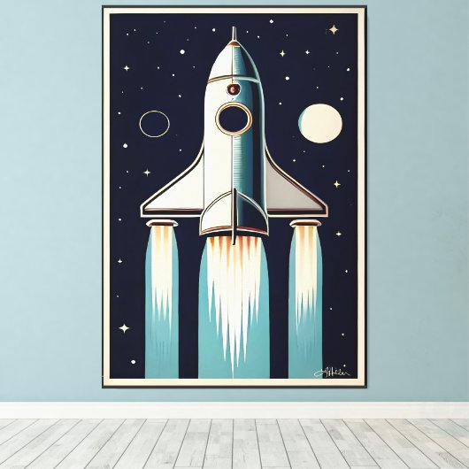 Space Age Retro 50s Rocket Ship キャンバスプリント (インサイチュ (ウッドフロア))