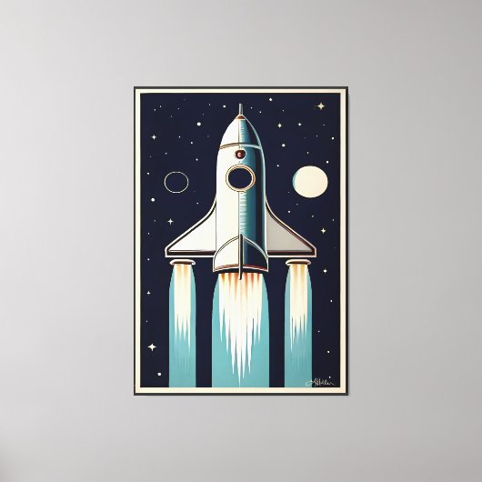 Space Age Retro 50s Rocket Ship キャンバスプリント (正面)