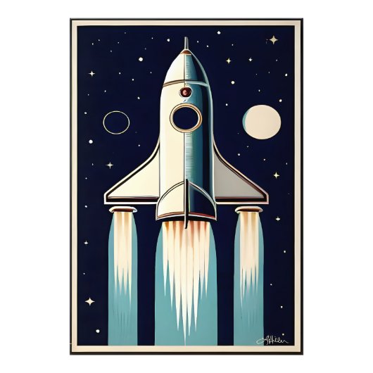 Space Age Retro 50s Rocket Ship フォトプリント (正面)