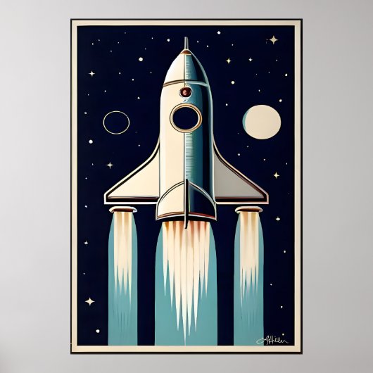 Space Age Retro 50s Rocket Ship ポスター (正面)
