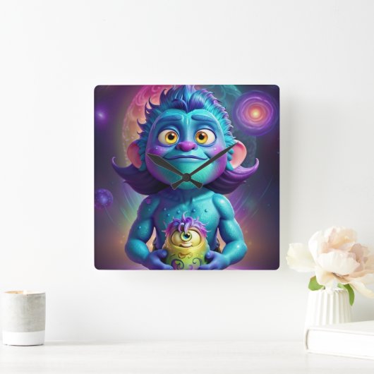 Space Alien & Friend スクエア壁時計 (ホーム)