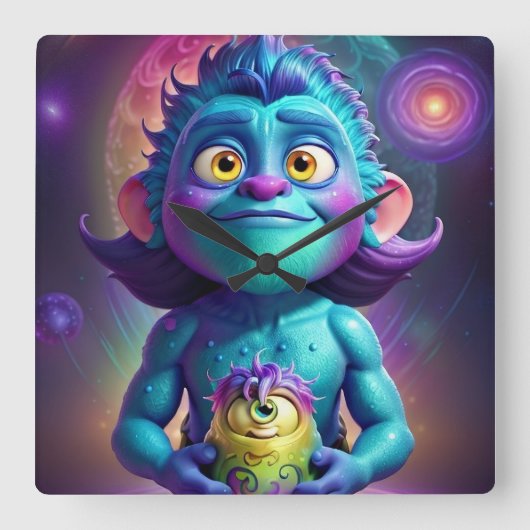 Space Alien & Friend スクエア壁時計 (正面)