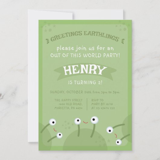 Space Alien Invitation for Birthday Party UFO 招待状 (正面)