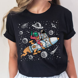 Space Alien Riding rockets T-Shirt - Astronaut Tシャツ