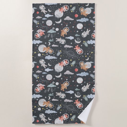 Space animals - dark steel blue texture ビーチタオル (正面)