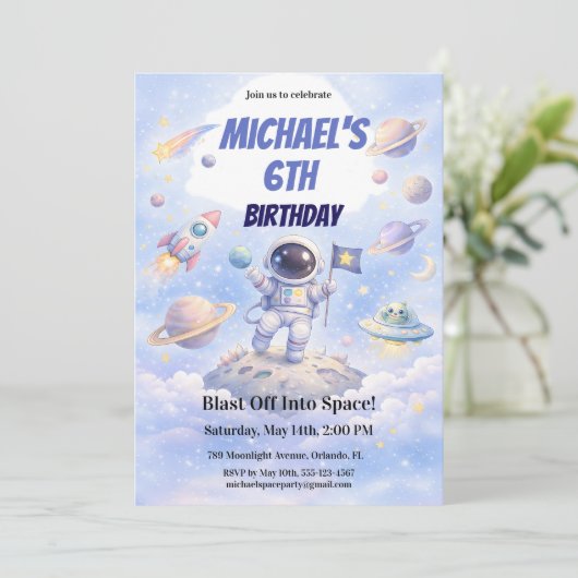 Space Astronaut 6th Birthday Outer Space Galaxy  招待状 (スタンド正面)