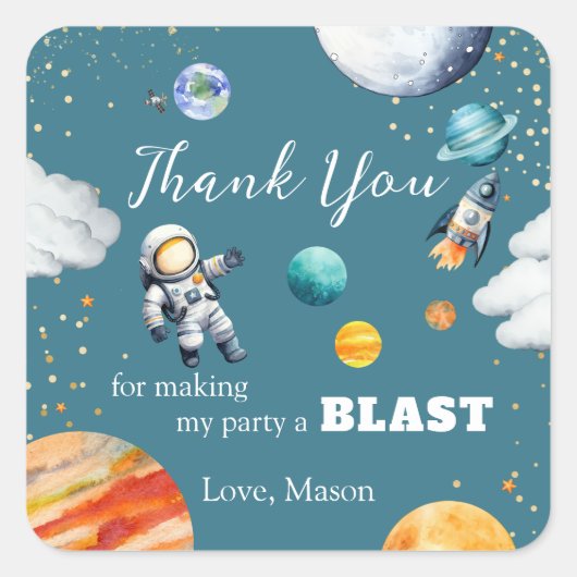 Space Astronaut Blast Thank You Party Sticker スクエアシール (正面)
