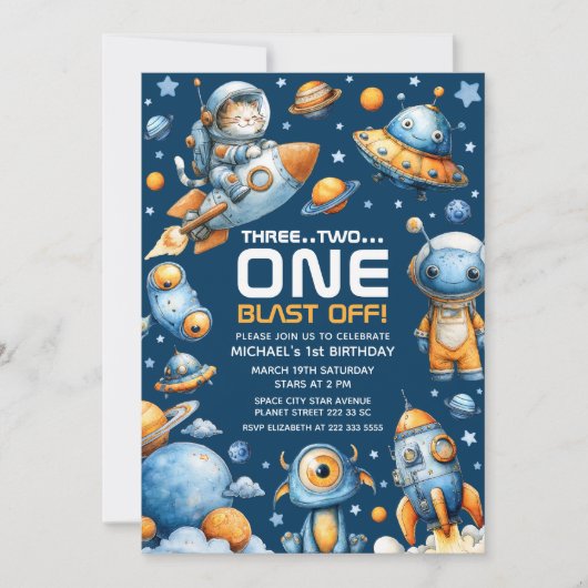 Space Astronaut Cat Blast Off Cosmic 1st Birthday 招待状 (正面)