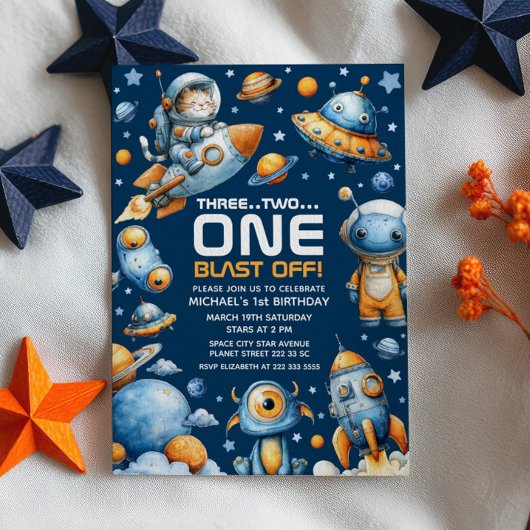 Space Astronaut Cat Blast Off Cosmic 1st Birthday 招待状