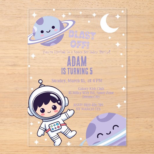 Space Astronaut for Boys| Galaxy Outer Space Party アクリル招待状 (正面)