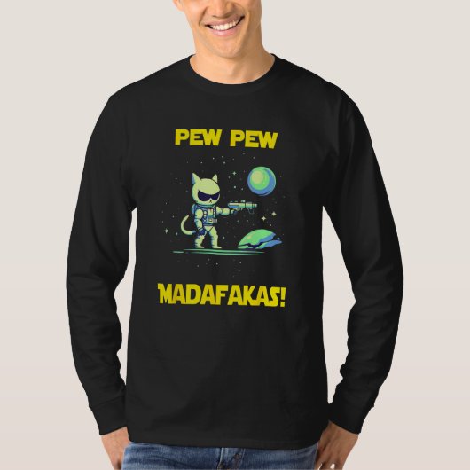 Space Astronaut Pew Madafakas Manx Cat Tシャツ (正面)