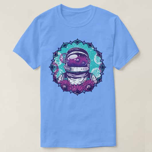 Space Astronaut with Planets, Moons and Flowers Tシャツ (デザイン正面)