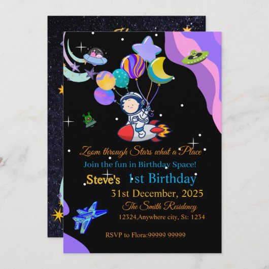 Space Birthday Invitation Card | Any Kid's Age 招待状 (正面/裏面)