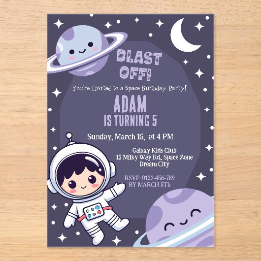 Space Birthday Party Invitation | Galaxy Astronaut アクリル招待状 (正面)