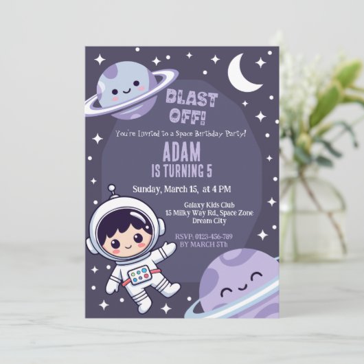 Space Birthday Party Invitation | Galaxy Astronaut 招待状 (スタンド正面)