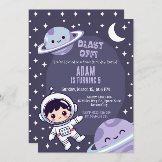 Space Birthday Party Invitation | Galaxy Astronaut 招待状 (正面/裏面)