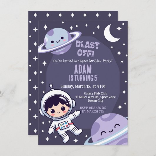 Space Birthday Party Invitation | Galaxy Astronaut 招待状 (正面/裏面)