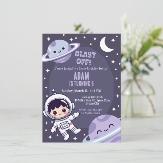 Space Birthday Party Invitation | Galaxy Astronaut 招待状 (スタンド正面)