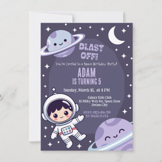 Space Birthday Party Invitation | Galaxy Astronaut 招待状 (正面)