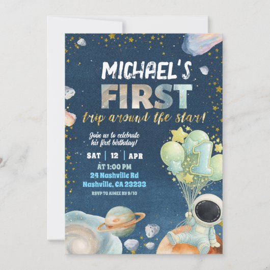 Space Boy 1ST Trip around the sun Birthday Invitat 招待状 (正面)