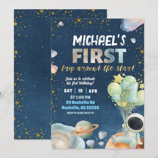 Space Boy 1ST Trip around the sun Birthday Invitat 招待状 (正面/裏面)