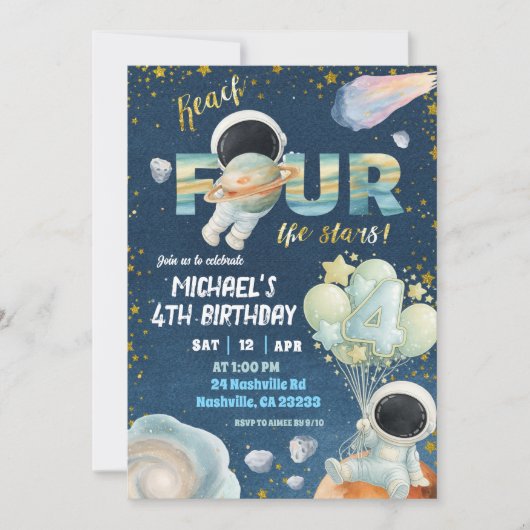 Space Boy reach FOUR the stars 4th Birthday Invita 招待状 (正面)