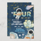 Space Boy reach FOUR the stars 4th Birthday Invita 招待状 (正面/裏面)