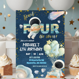 Space Boy reach FOUR the stars 4th Birthday Invita 招待状