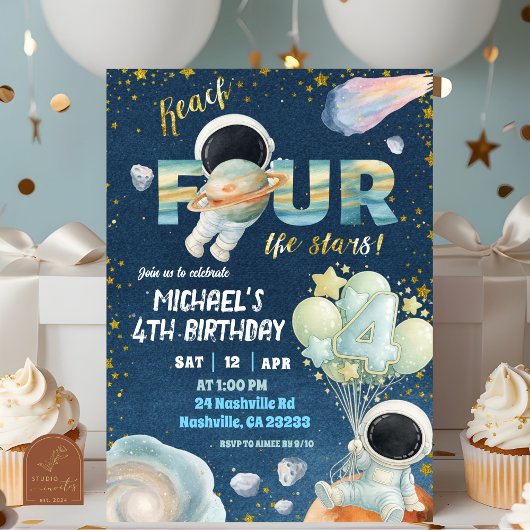 Space Boy reach FOUR the stars 4th Birthday Invita 招待状