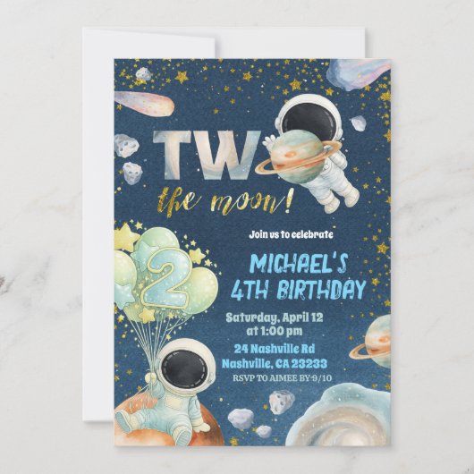 Space Boy TWO the moon Birthday Invitation 招待状 (正面)