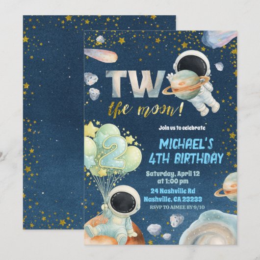 Space Boy TWO the moon Birthday Invitation 招待状 (正面/裏面)