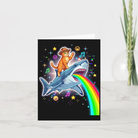 Space Cowboy Cat Riding Shark Rainbow Xel Art  カード (正面)