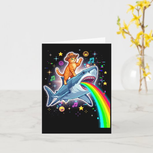 Space Cowboy Cat Riding Shark Rainbow Xel Art  カード (黄色い花)