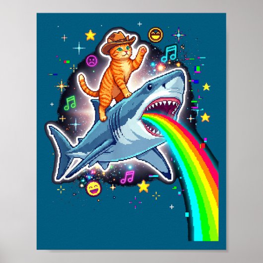 Space Cowboy Cat Riding Shark Rainbow Xel Art  ポスター (正面)