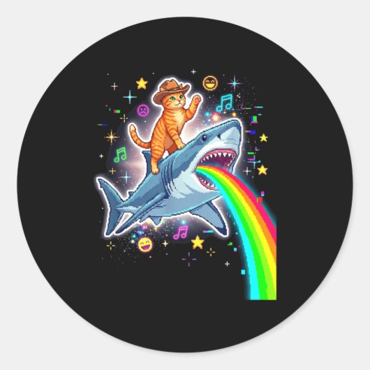 Space Cowboy Cat Riding Shark Rainbow Xel Art  ラウンドシール (正面)