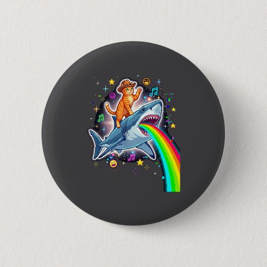 Space Cowboy Cat Riding Shark Rainbow Xel Art  缶バッジ (正面)