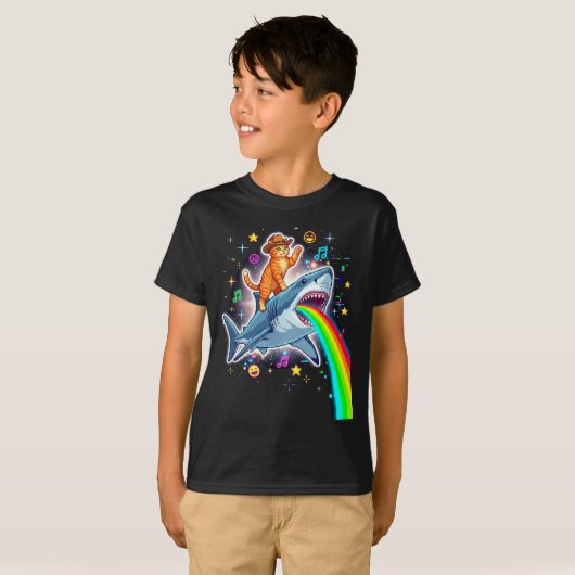 Space Cowboy Cat Riding Shark Rainbow Xel Art  Tシャツ (正面フル)