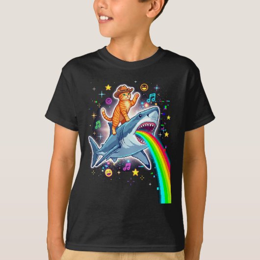 Space Cowboy Cat Riding Shark Rainbow Xel Art  Tシャツ (正面)