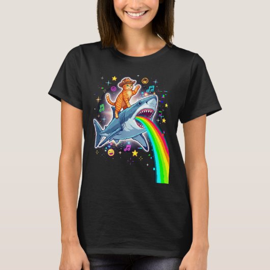 Space Cowboy Cat Riding Shark Rainbow Xel Art  Tシャツ (正面)