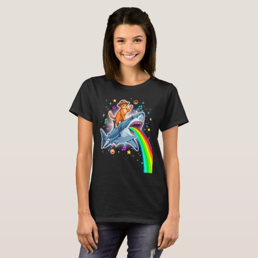 Space Cowboy Cat Riding Shark Rainbow Xel Art  Tシャツ (正面フル)