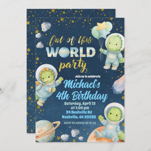 Space Dinosaur Birthday Invitation 招待状 (正面/裏面)