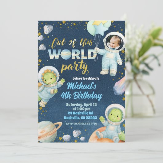 Space Dinosaur Birthday Invitation with photo 招待状 (スタンド正面)