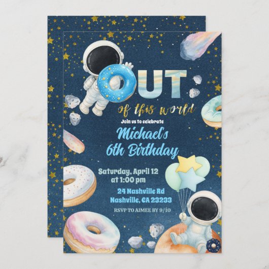 Space donuts Boy Birthday Invitation 招待状 (正面/裏面)