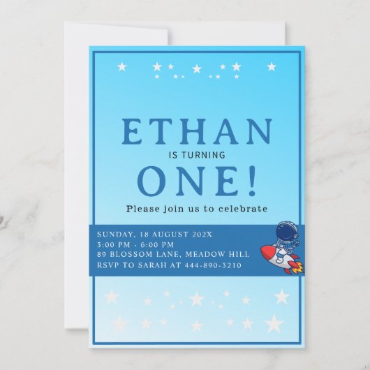 Space First Birthday Invitation – Astronaut Party 招待状 (正面)