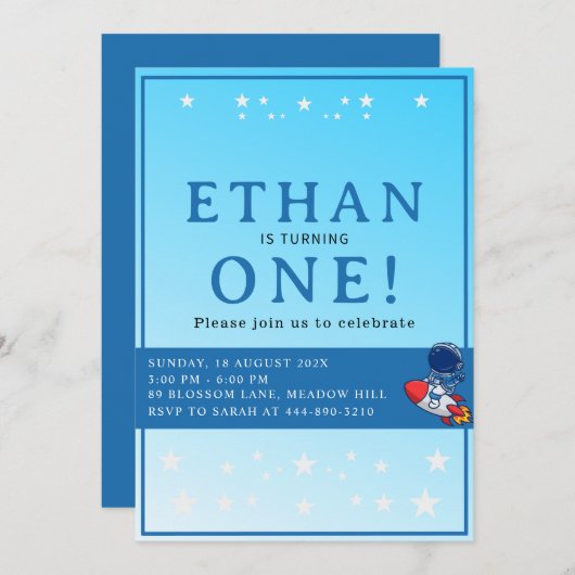 Space First Birthday Invitation – Astronaut Party 招待状 (正面/裏面)