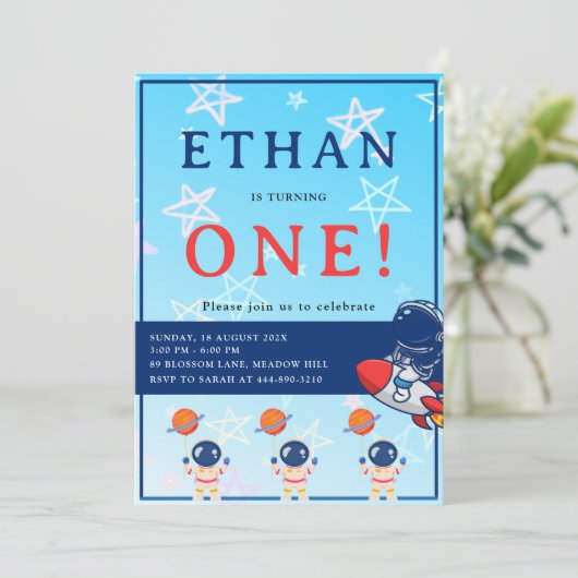Space First Birthday Invitation – One Year Old Boy 招待状 (スタンド正面)